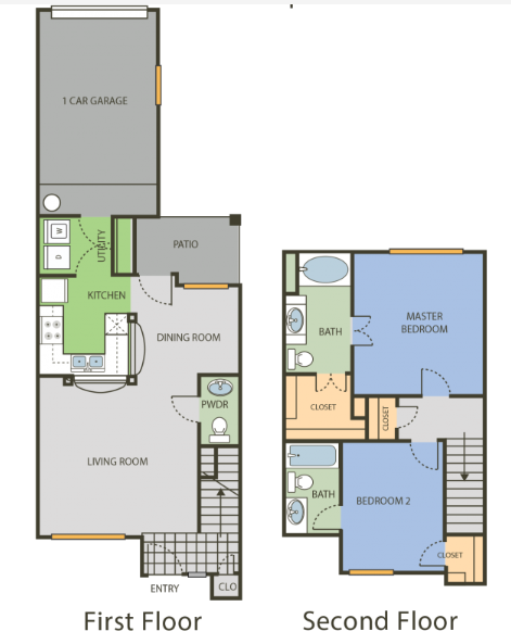 Floor plan for 2 beds, 2.5 baths, 1146 sqft